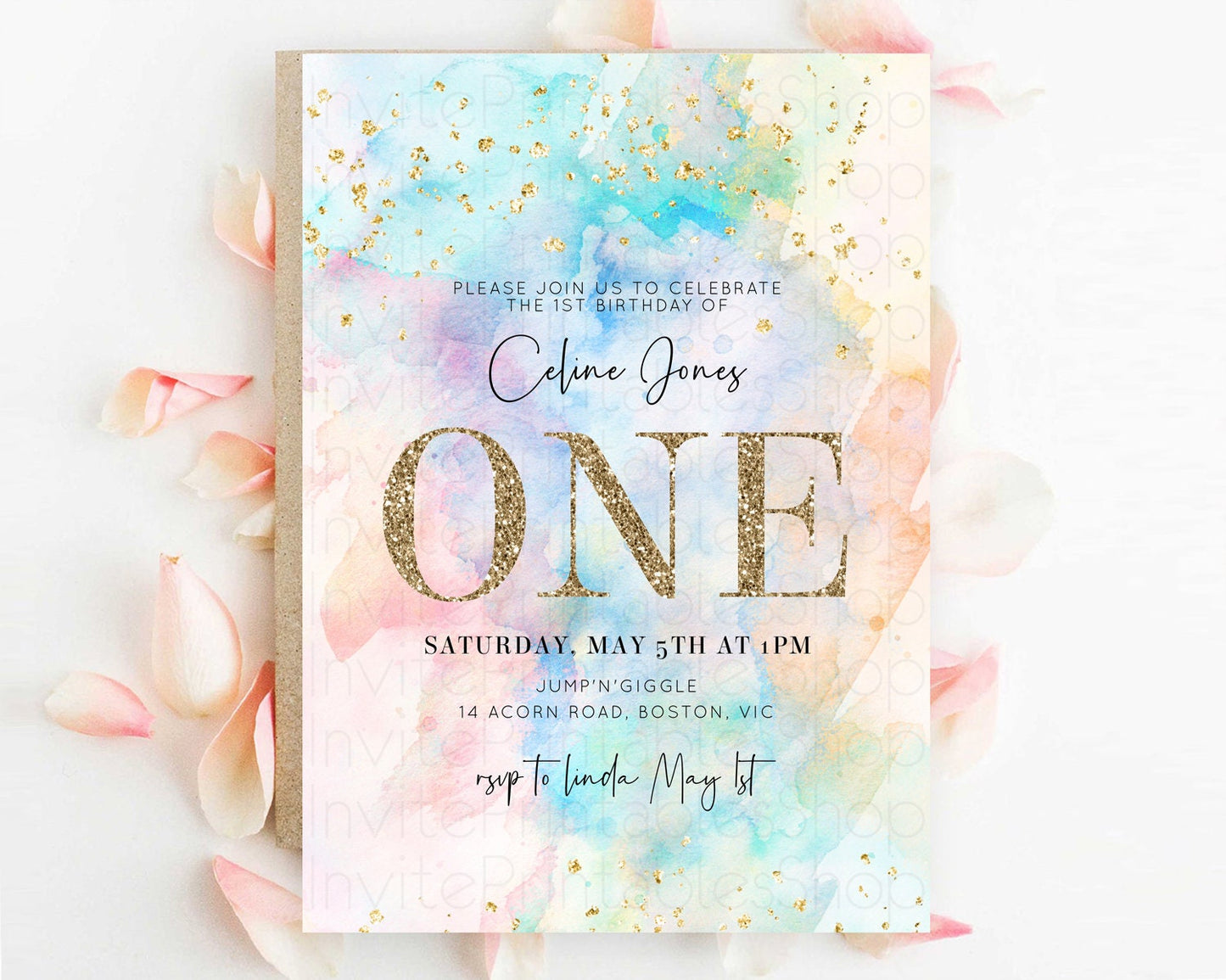 Rainbow Birthday Invitation Colorful Pastel Watercolor Invitation Gold Glitter Sprinkles Ombre Pastel 1st 2nd 3rd Birthday D10266