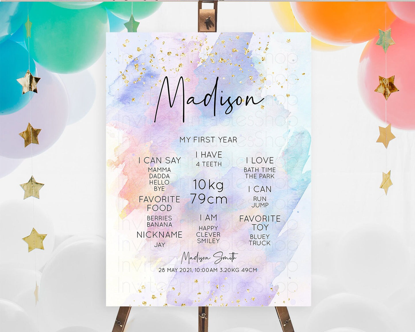 Pastel First Birthday Milestone Board Pastel Rainbow Milestone Poster Colorful Confetti Watercolor Glitter 1st Birthday Welcome Sign D10585
