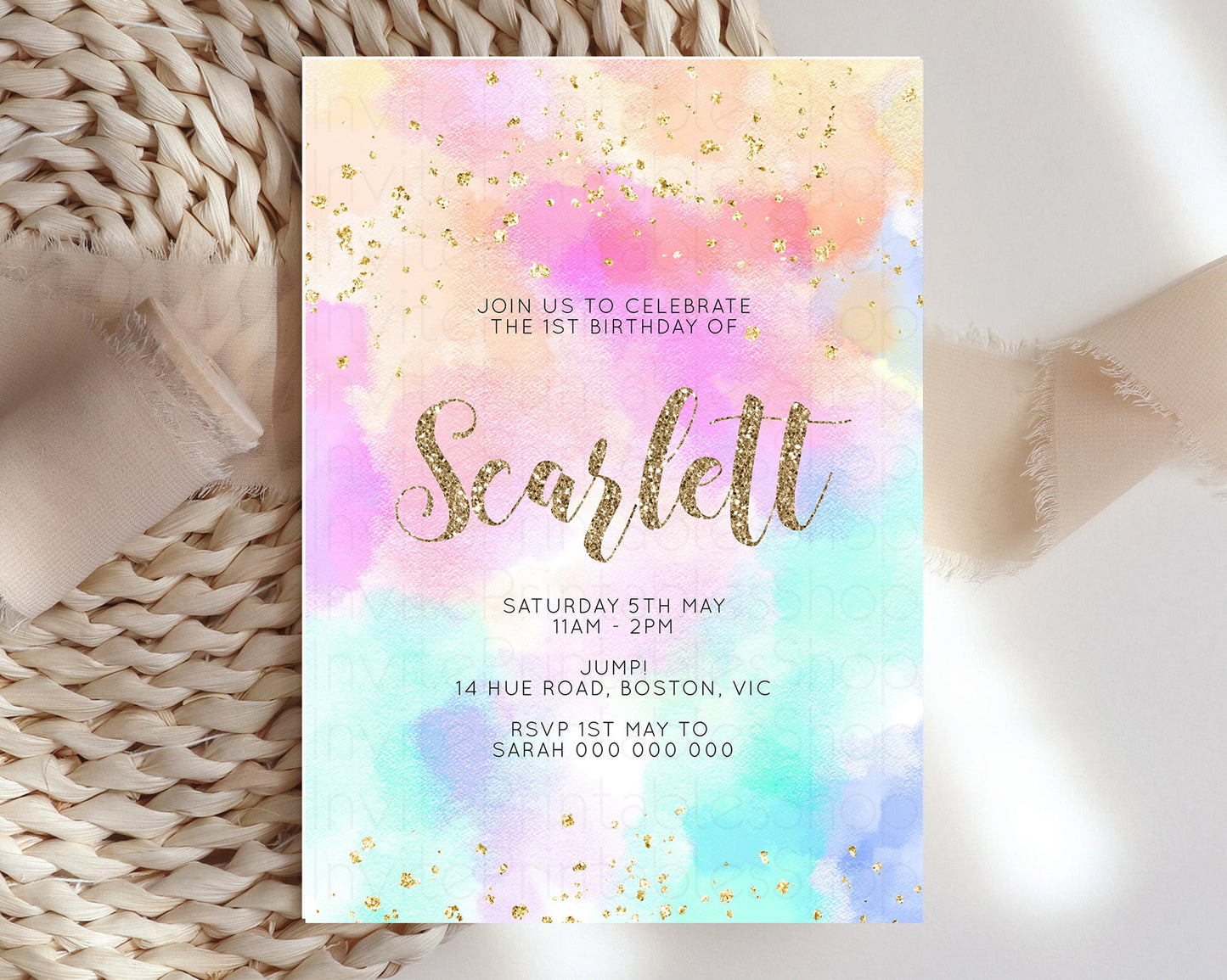 Rainbow Birthday Invitation Pastel Birthday Invite Ombre Watercolor Invite Enchanted Theme Colorful Splash Glitter Sprinkles 1st 2nd 3rd