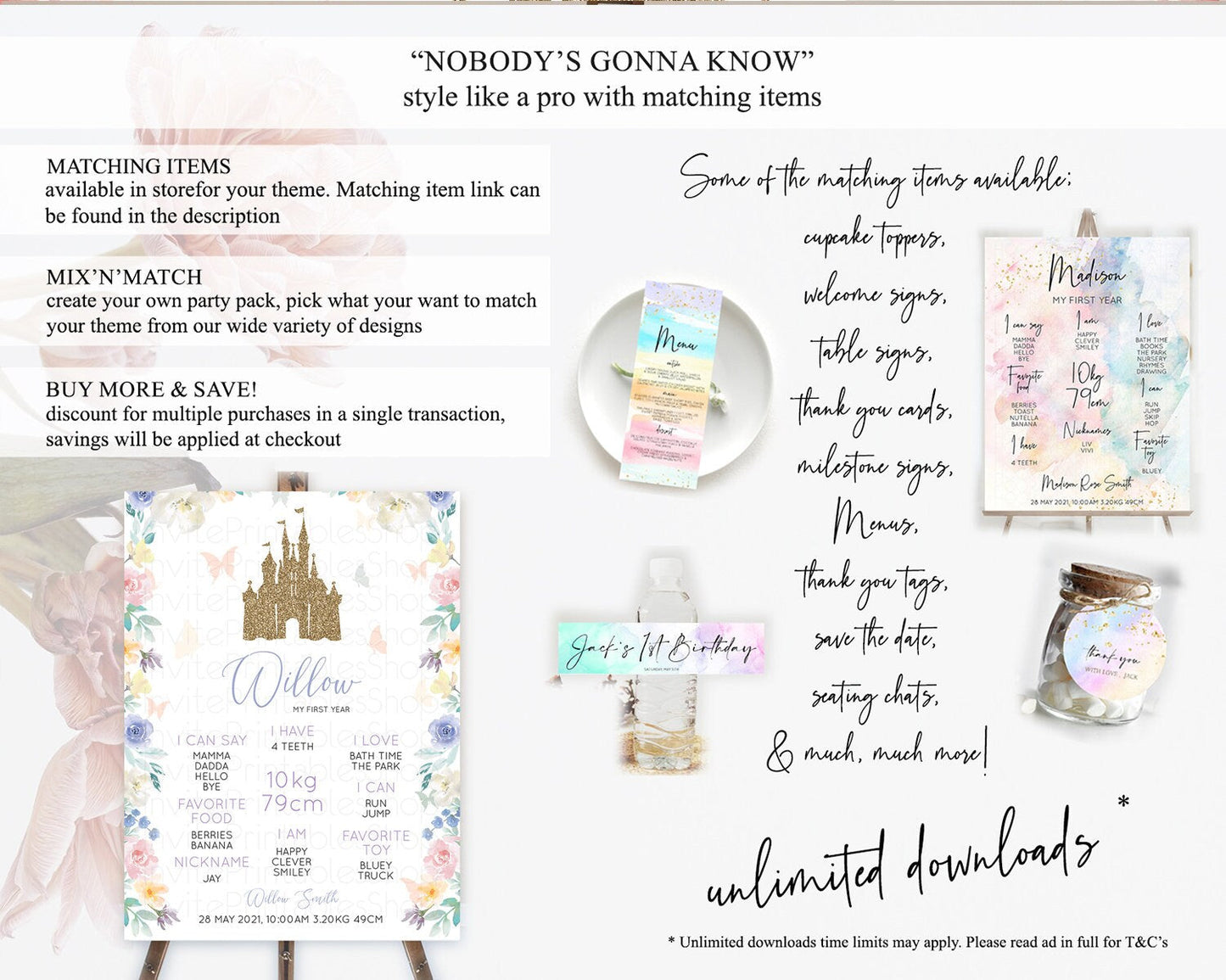 Princess First Birthday Milestone Poster Castle Milestone Board Secret Garden Enchanted Castle Pastel Floral Garden First Birthday D10931