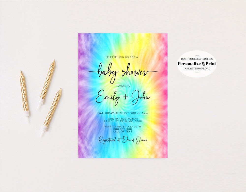 Rainbow Baby Shower Invitation Pastel Baby Shower Invite Rainbow Ombre Invite Colorful Watercolor Baby Shower Invite Tie Dye Invite D10578