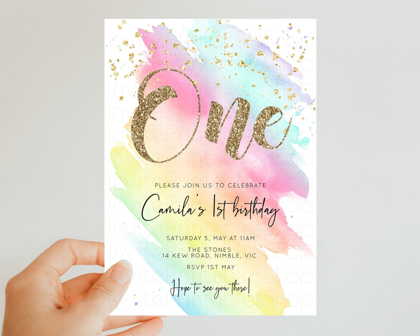 Rainbow Birthday Invitation Pastel Rainbow Birthday Invitation Ombre Watercolor Invite Colorful Splash Glitter Sprinkles 1st 2nd 3rd T518