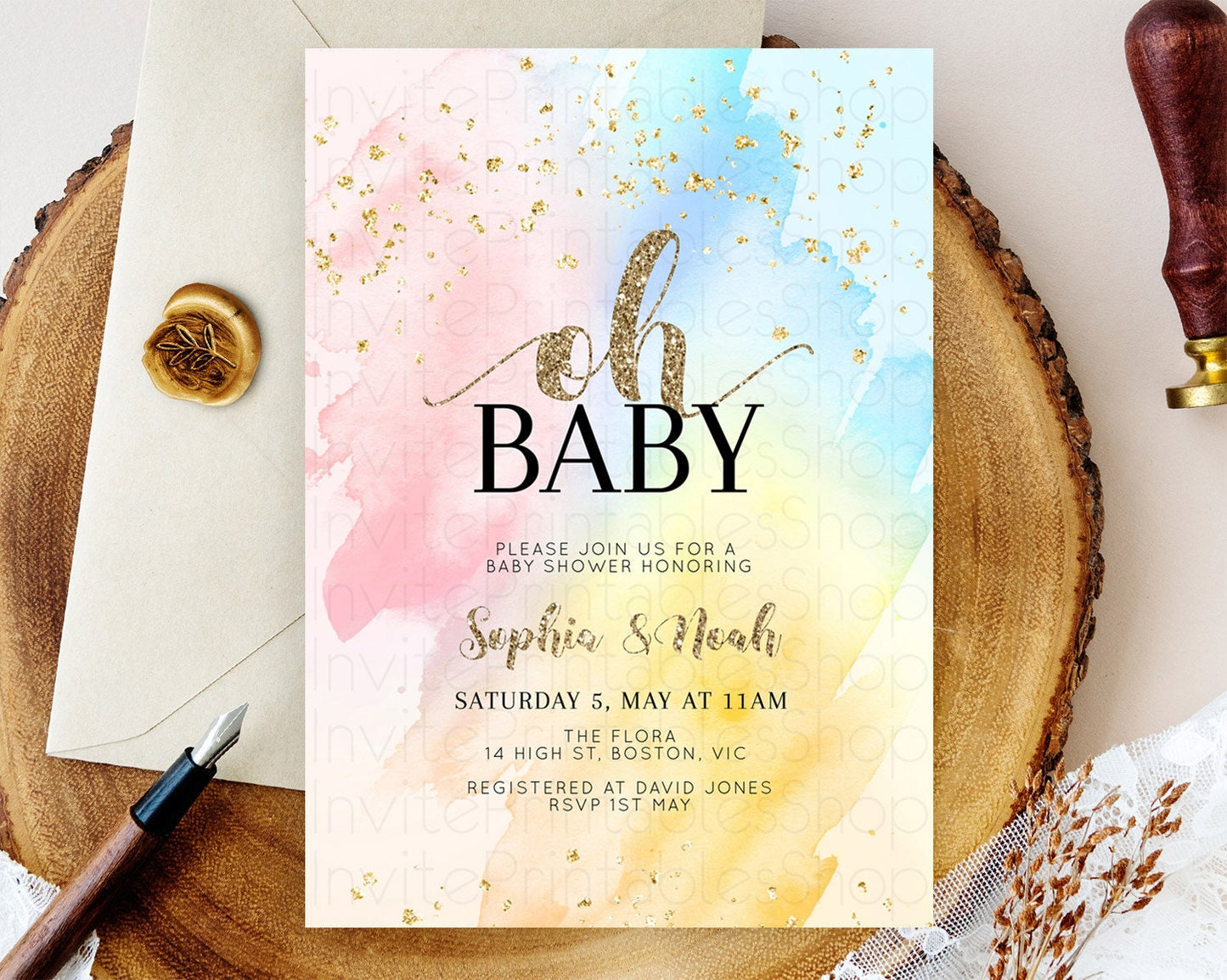 Pastel Baby Shower Invitation Rainbow Baby Shower Invitation Colorful Pastel Watercolor Invitation Gold Glitter Sprinkles Ombre D10556