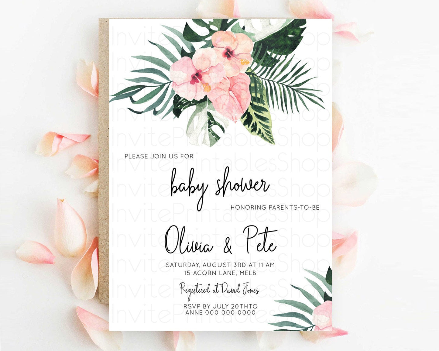 Tropical baby Shower Invitation Tropical Floral Baby Shower Invitation Palm Leaf Fern Invitation Frangipani White Orchid Invitation D11017
