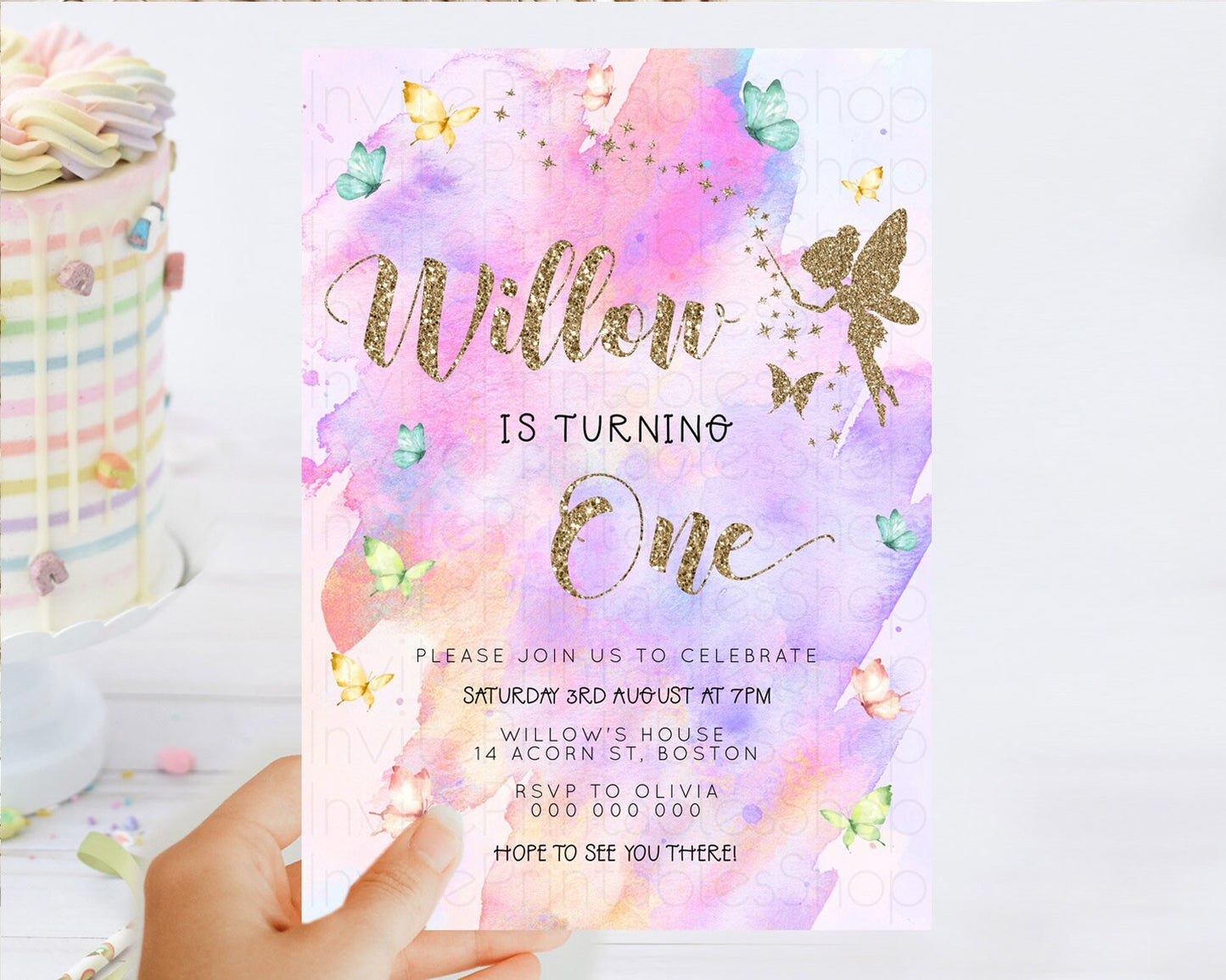 Pastel Fairy Birthday Invitation Pastel Butterflies Fairy Birthday Invitation Rainbow Ombre Watercolor 1st 2nd Birthday Invitation D23345