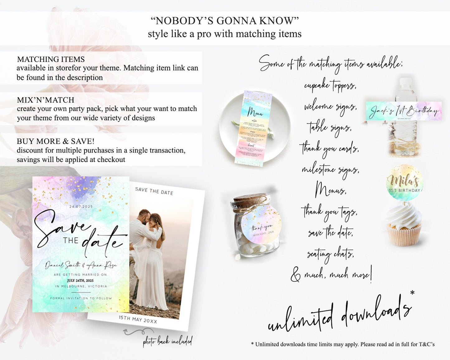 Pastel Save The Date Template Pastel Ombre Rainbow Watercolor Colorful Party For Birthday Baptism Baby Shower Wedding Bridal Shower D10157