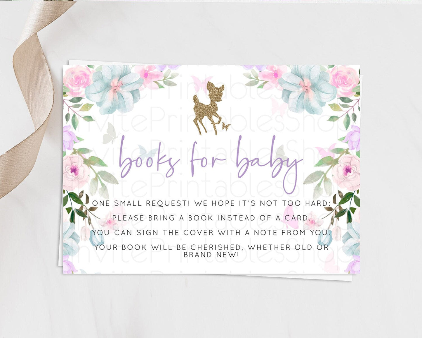 Fawn Books For Baby Card Deer Book Insert Floral Deer Book Card Enchanted Forest Butterfly Pastel Baby Shower Book Poem Request D10476