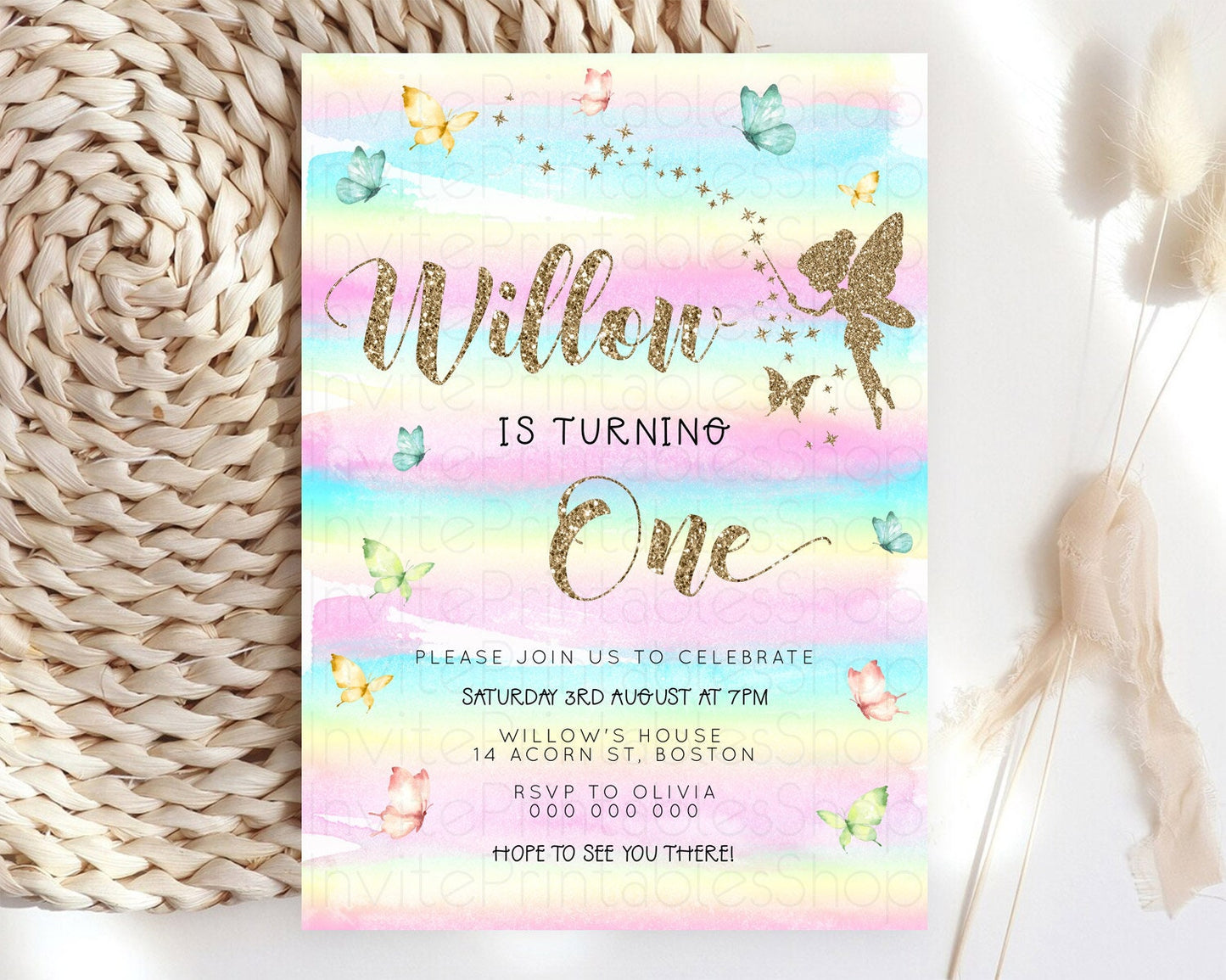 Pastel Fairy Birthday Invitation Pastel Butterflies Fairy Birthday Invitation Rainbow Ombre Watercolor 1st 2nd Birthday Invitation D23312