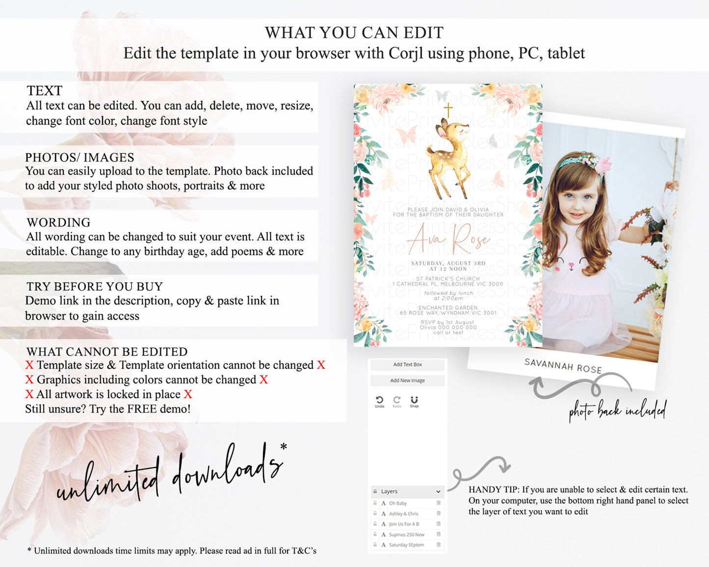 Fawn Baptism Invitation Deer Baptism 1st Birthday Invitation Enchanted Forest Christening Invitation Pastel Garden Butterfly Floral D10753