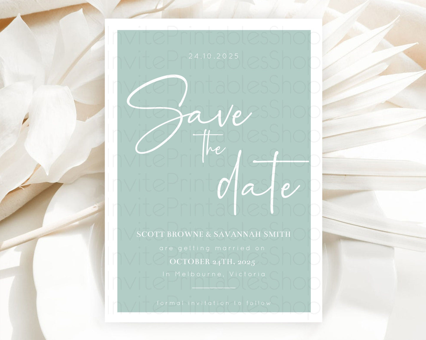 Minimalist Green Save The Date Template Simple Modern Green Party Theme For 1st Birthday Baptism Baby Shower Wedding Bridal Shower D10736