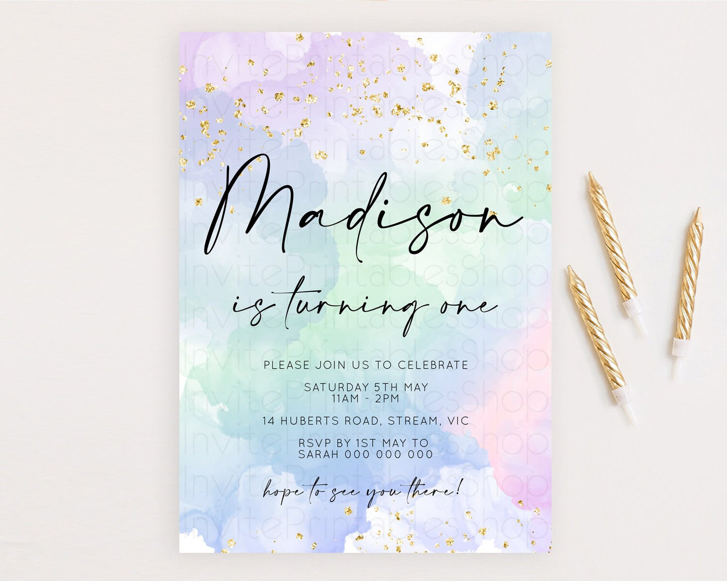 Rainbow Birthday Invitation Colorful Pastel Watercolor Invitation Gold Glitter Sprinkles Ombre Pastel 1st 2nd 3rd Birthday D10624