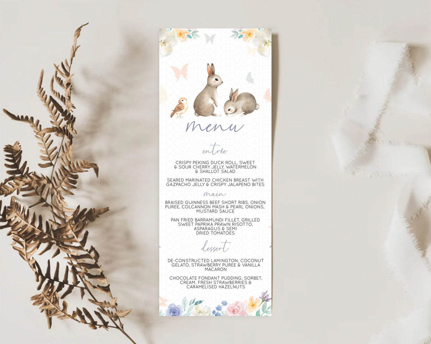 Bunny Menu Floral Bunny Menu Template Pastel Flowers Bunny Table Decor Secret Garden Bunny Dinner Dessert Menu Party Food Menu D10928