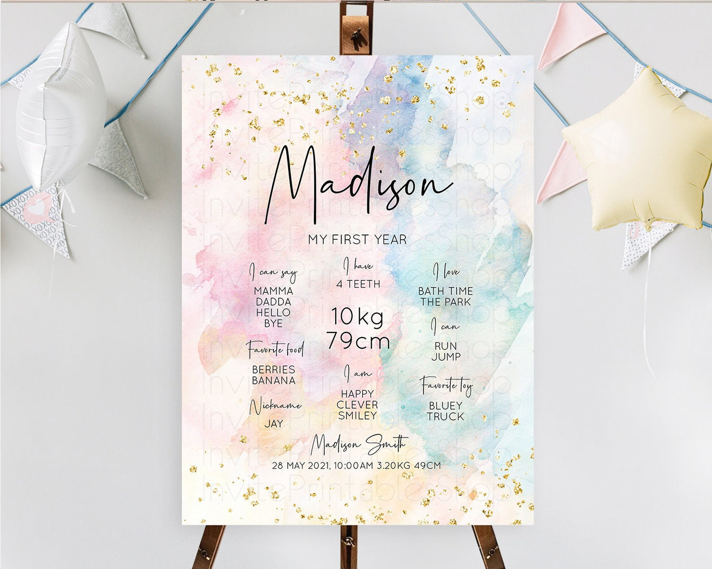 Pastel First Birthday Milestone Board Pastel Rainbow Milestone Poster Colorful Confetti Watercolor Glitter 1st Birthday Welcome Sign D10263