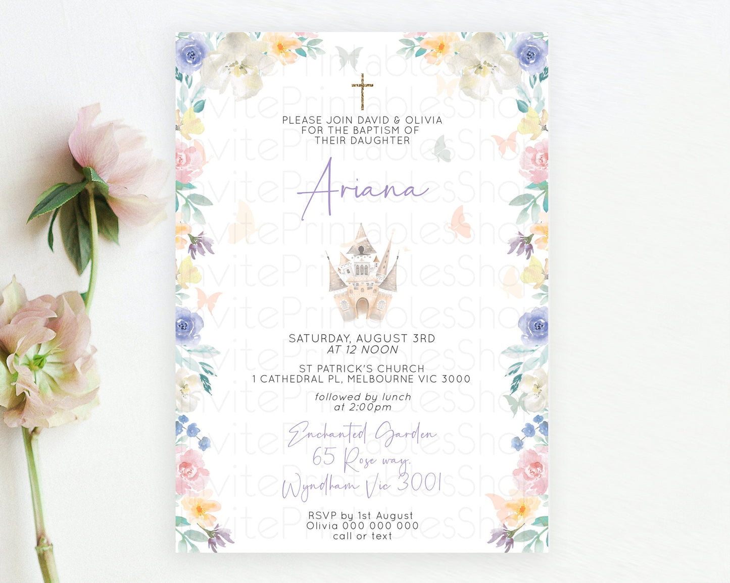 Princess Baptism Invitation Enchanted Castle Baptism 1st Birthday Invitation Royal Party Pastel Floral Secret Garden Christening D10709