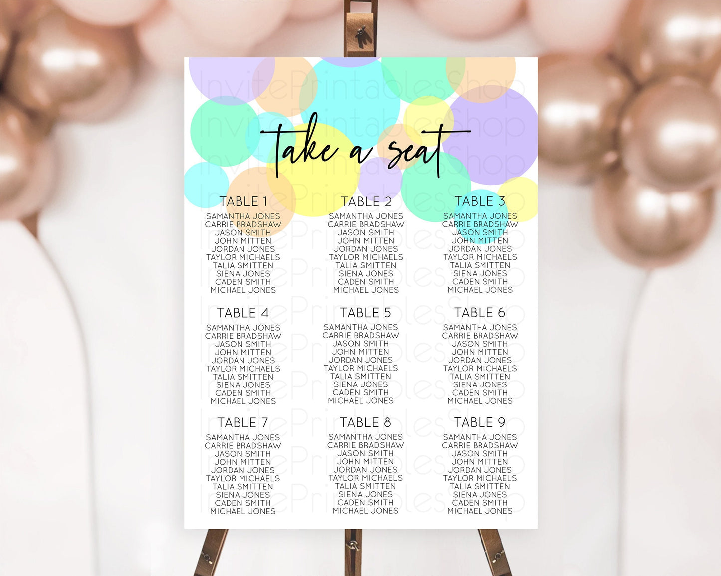 Editable Pastel Seating Chart Pastel Confetti Seating Chart Bubbles Sprinkle