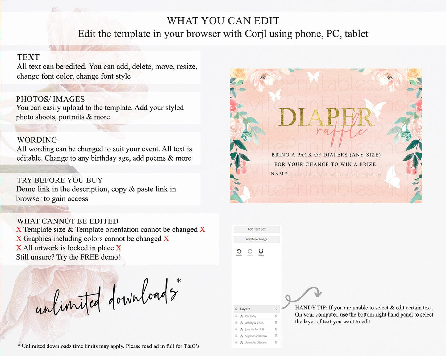 Secret Garden Diaper Raffle Card Boho Wildflower Diaper Raffle Insert Pastel Flower Garden Baby Shower Card Flower Raffle Game D10245