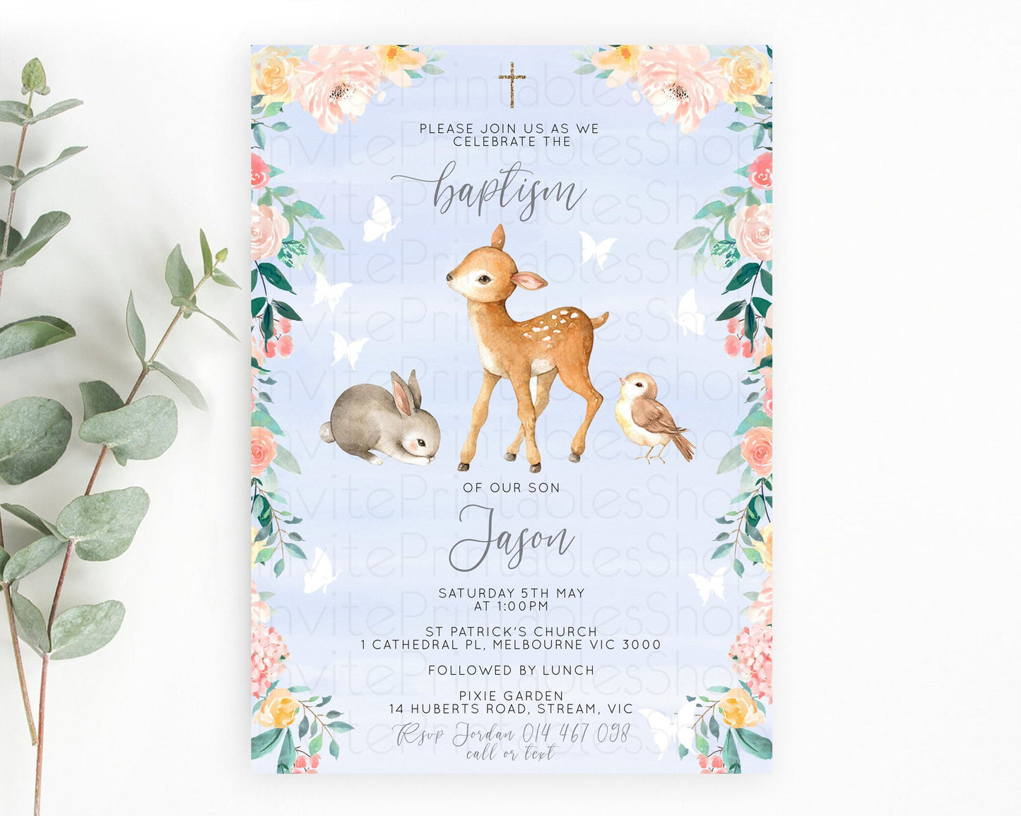 Fawn Baptism Invitation Deer Baptism 1st Birthday Invitation Enchanted Forest Christening Invitation Pastel Garden Butterfly Floral D10920