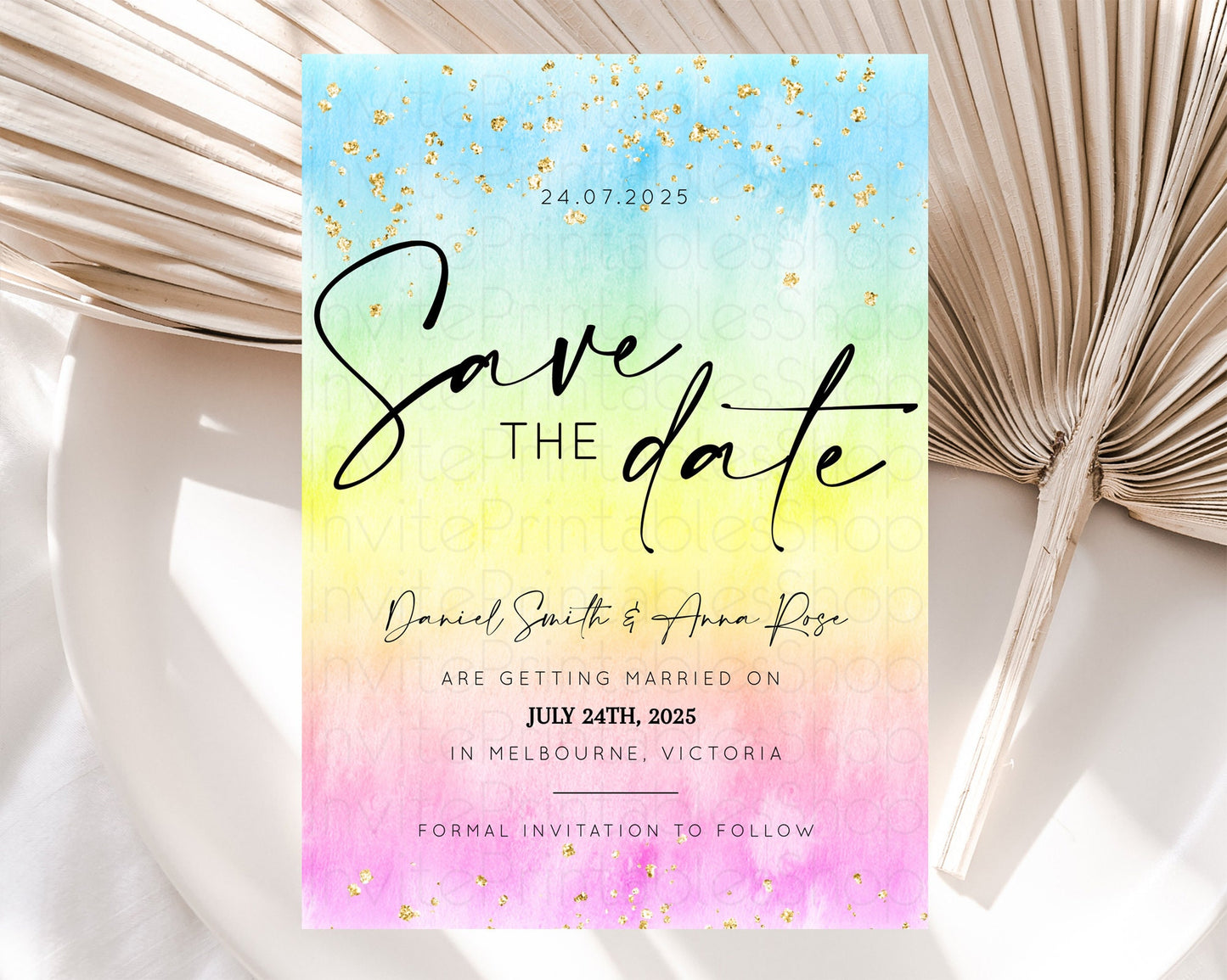 Pastel Save The Date Template Pastel Ombre Rainbow Watercolor Colorful Party For Birthday Baptism Baby Shower Wedding Bridal Shower D10483