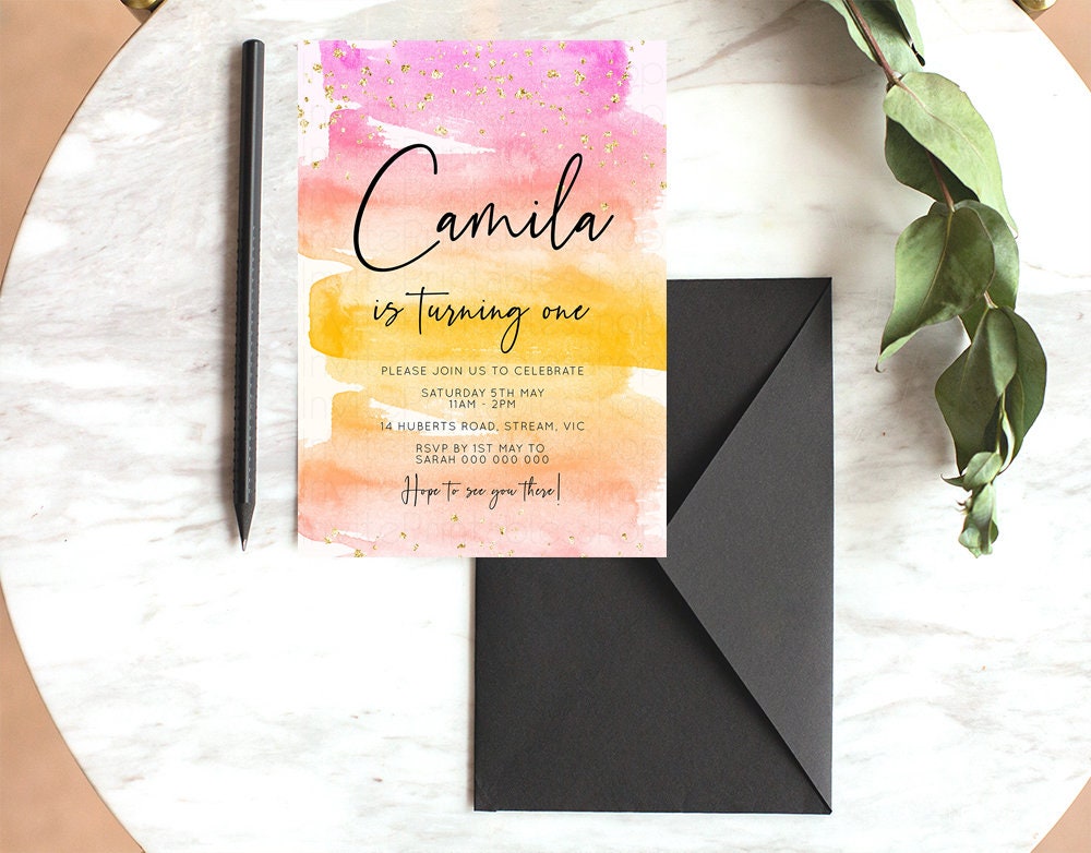 Pastel Birthday Invitation Pink Pastel Birthday Invitation Tropical Sunset Watercolor Invite Ombre Invitation Gold Glitter Sprinkles Invite