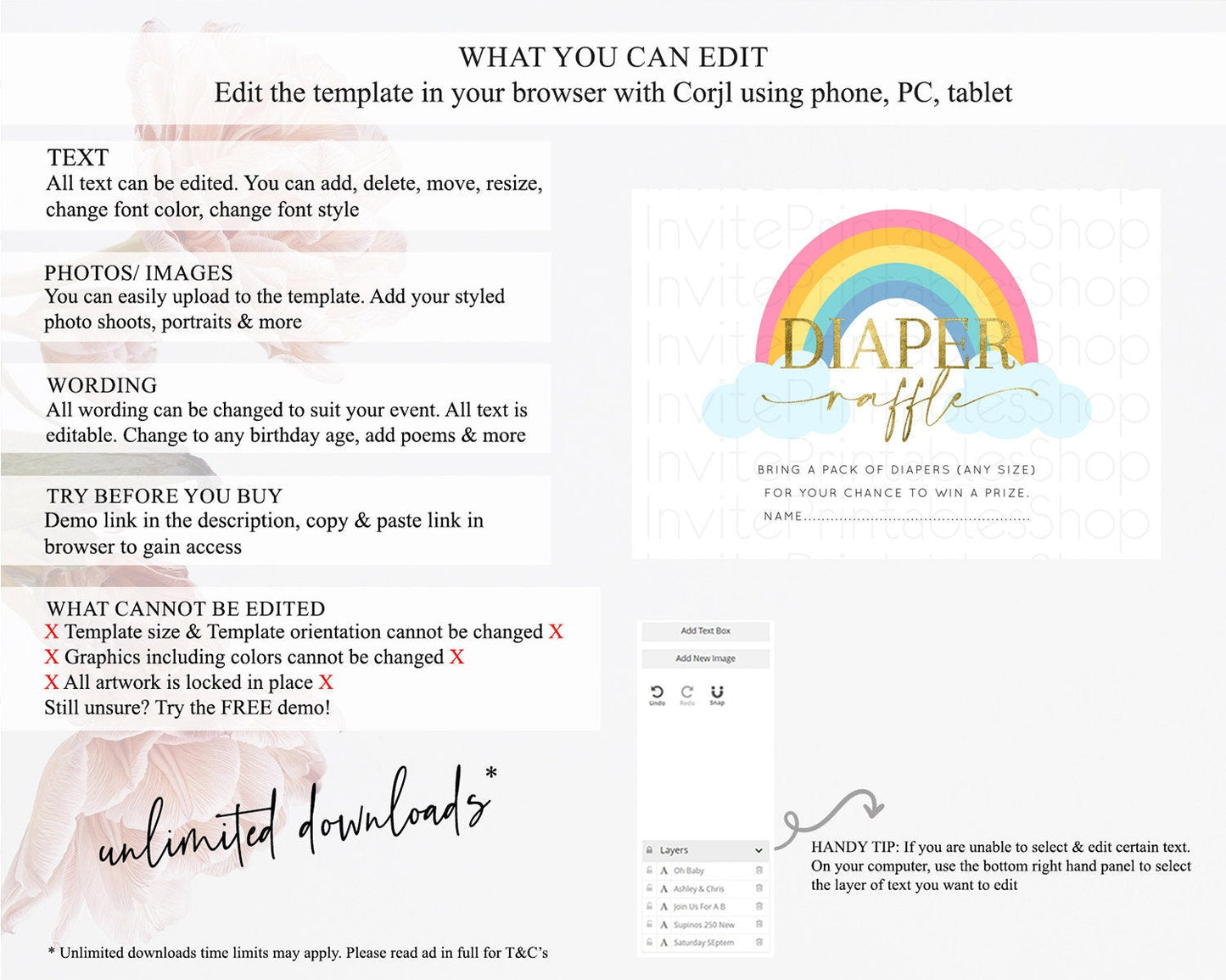 Pastel Rainbow Diaper Raffle Card Boho Rainbow Diaper Insert Boho Rainbow Diaper Ticket Pastel Watercolor Baby Shower Raffle Game D10123