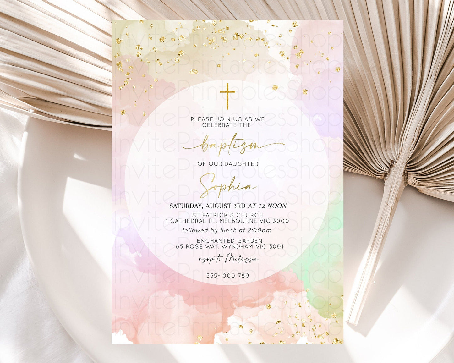 Pastel Baptism Invitation Pastel Colors Watercolor Baptism 1st Birthday Party Gold Ombre Pastel Rainbow Christening Holy Communion D10627