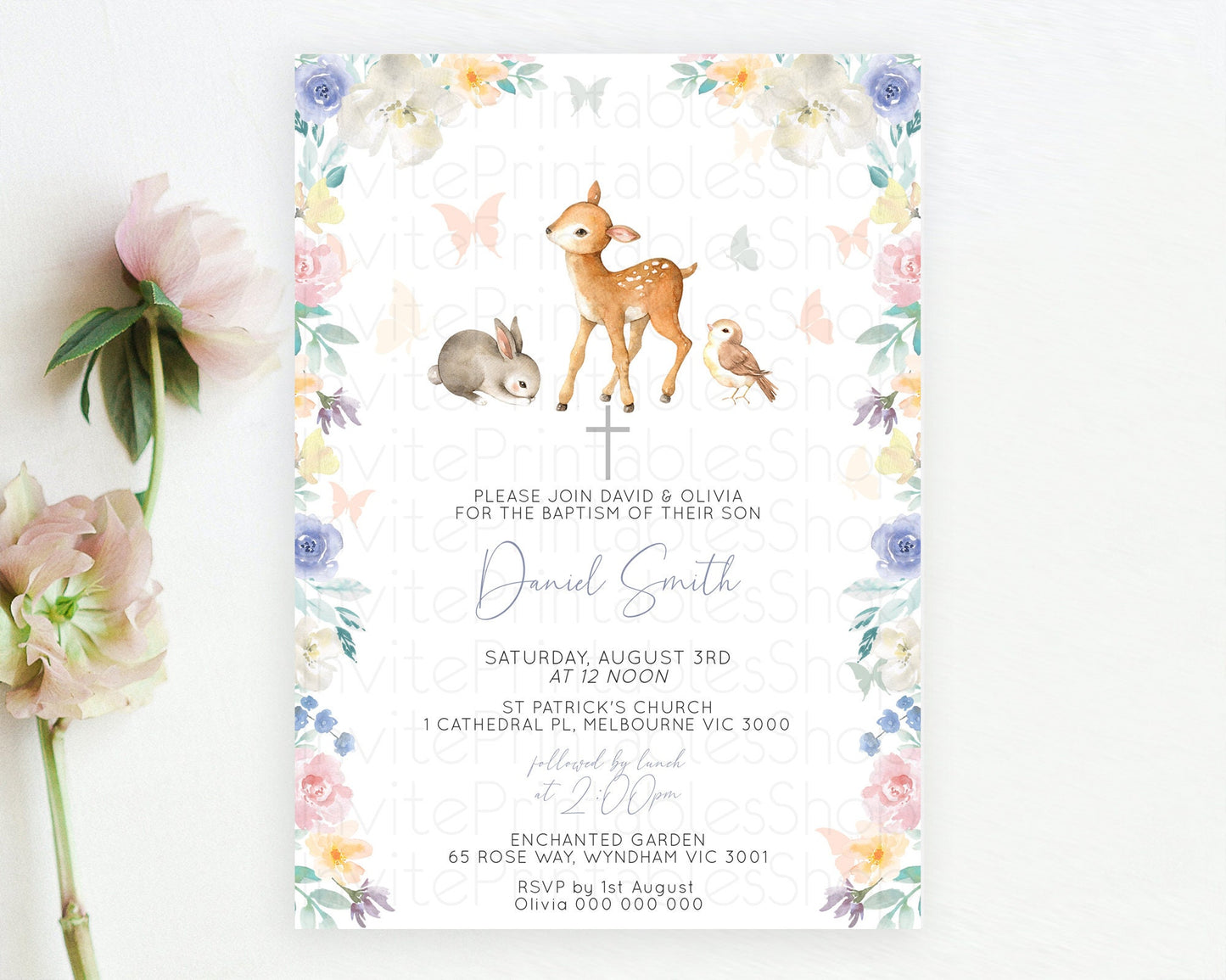 Fawn Baptism Invitation Deer Baptism 1st Birthday Invitation Enchanted Forest Christening Invitation Pastel Garden Butterfly Floral D10930