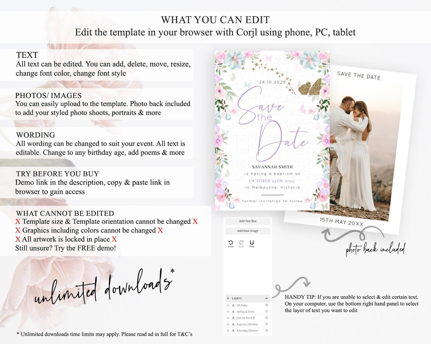 Fairy Save The Date Template Enchanted Garden Pastel Floral Butterfly Party Secret Garden Birthday Baptism Baby Shower Bridal Shower D10475