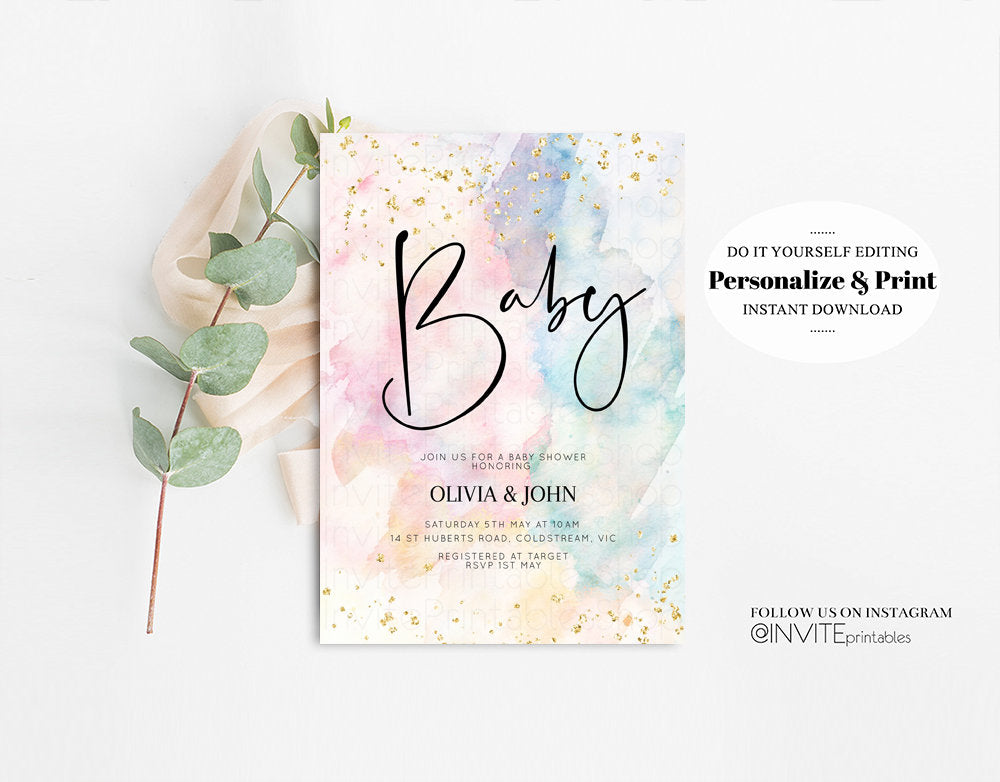 Rainbow Baby Shower Invitation Pastel Watercolor Invitation Colorful Splash Gold Splatter Glitter Foil Sprinkles Confetti Editable 276