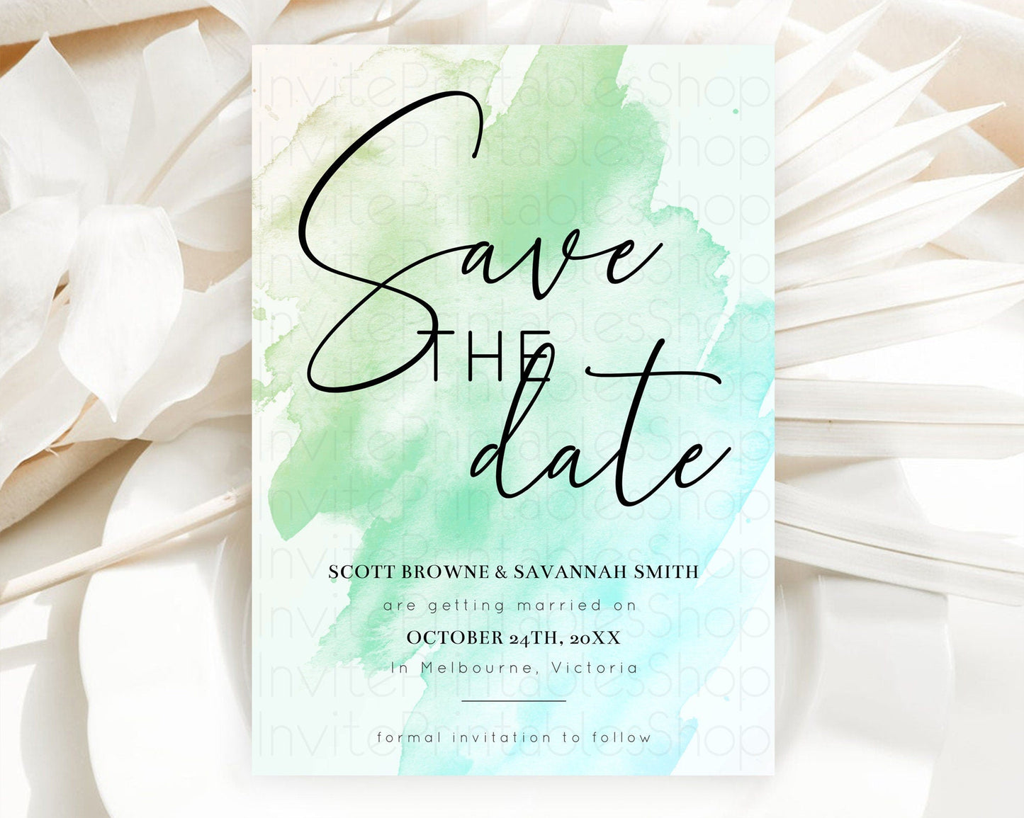 Green Watercolor Save The Date Template Ombre Green Watercolor Splash Party 1st Birthday Baby Shower Wedding Baptism Bridal Shower D10166
