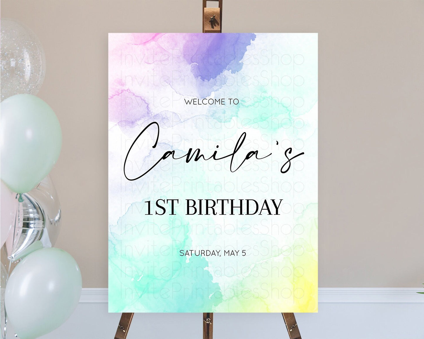 Pastel Welcome Sign Pastel Rainbow Welcome Sign Colorful Rainbow Confetti Watercolor Glitter Pastel First Birthday Welcome Sign D10157