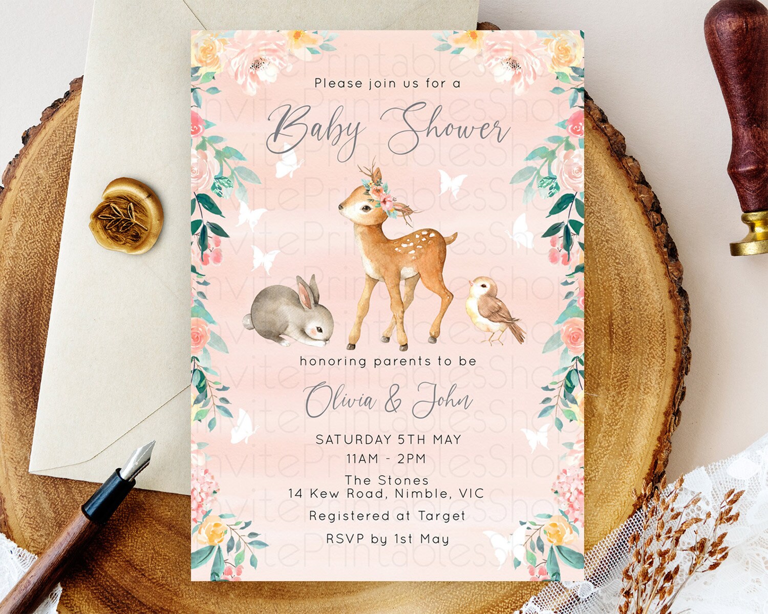Editable Enchanted Forest Baby Shower Invitation Baby Fawn Invitation Forest