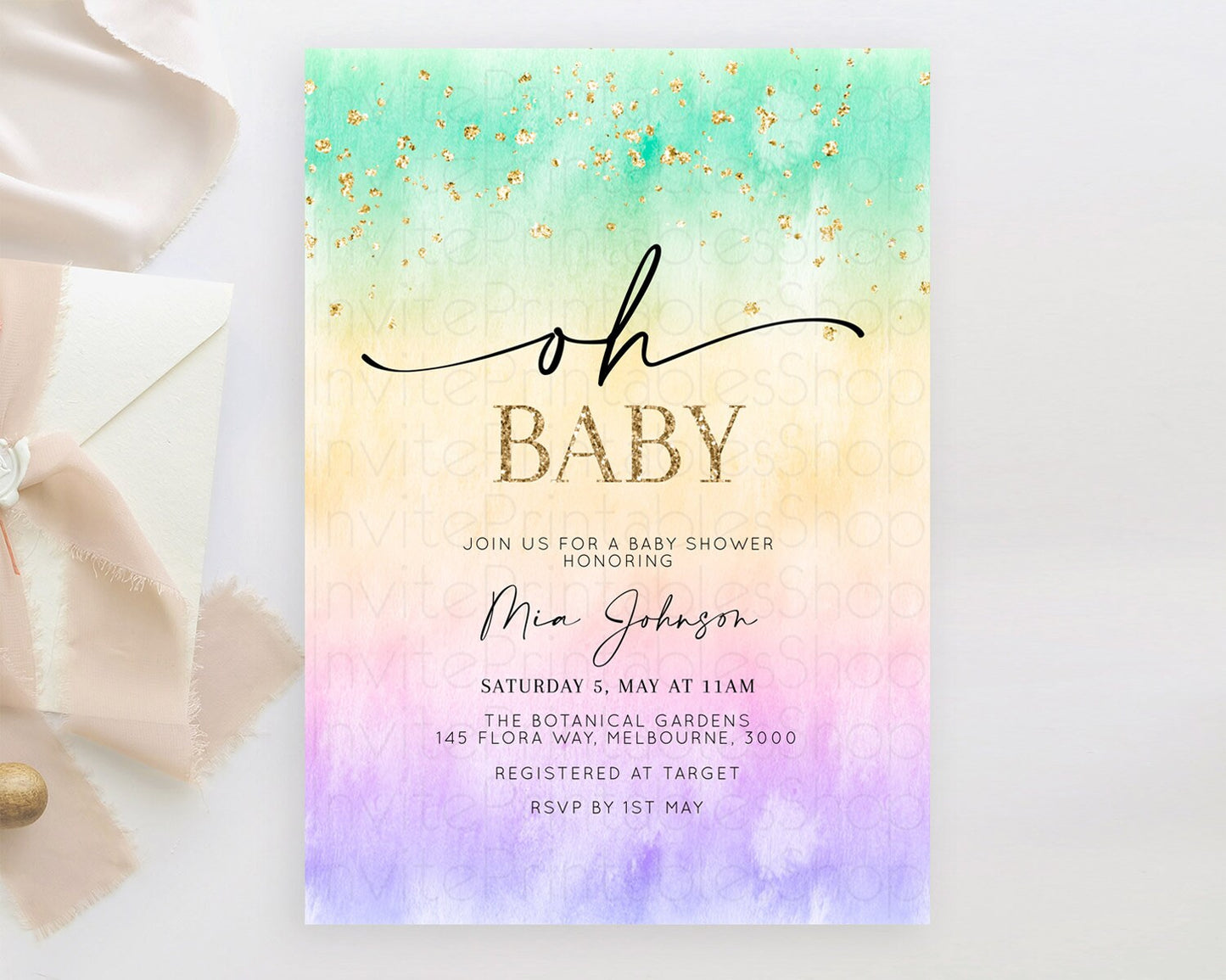 Pastel Baby Shower Invitation Rainbow Baby Shower Invitation Colorful Pastel Watercolor Invitation Gold Glitter Sprinkles Ombre D10481