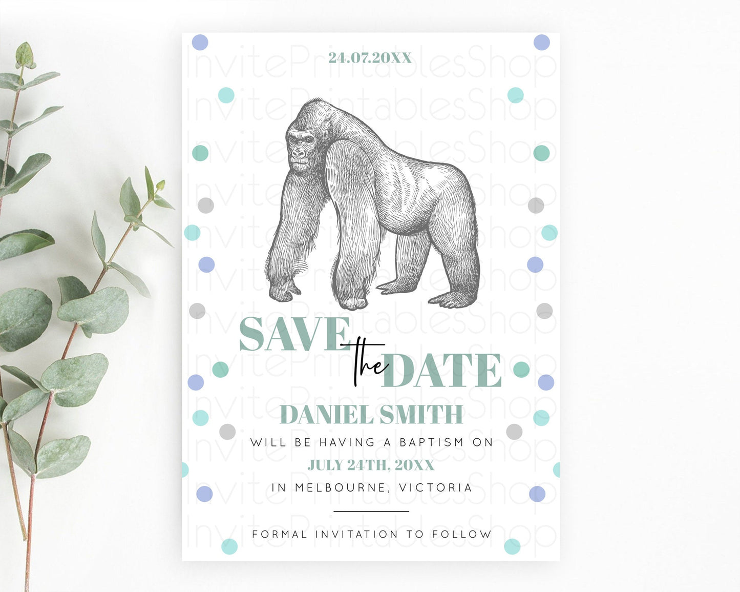 Gorilla Save The Date Template Gorilla Party Save The Date Safari Adventure Gorilla Minimal Theme 1st Birthday Baptism Baby Shower D10854