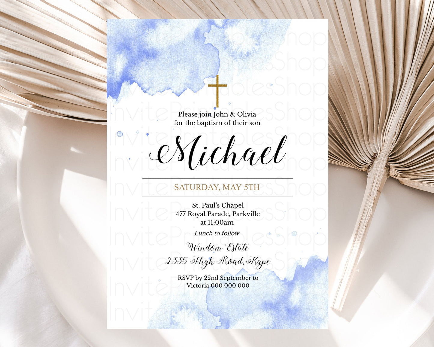 Blue Baptism Invitation Blue Watercolor Baptism 1st Birthday Invitation Pastel Blue Watercolor Christening Invite Blue Splash D10313