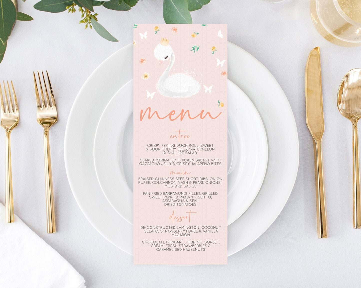 Swan Menu Swan Princess Ballet Menu Template Enchanted Swan Lake Table Decor Secret Garden Pastel Floral Dinner Dessert Food Menu  D10388