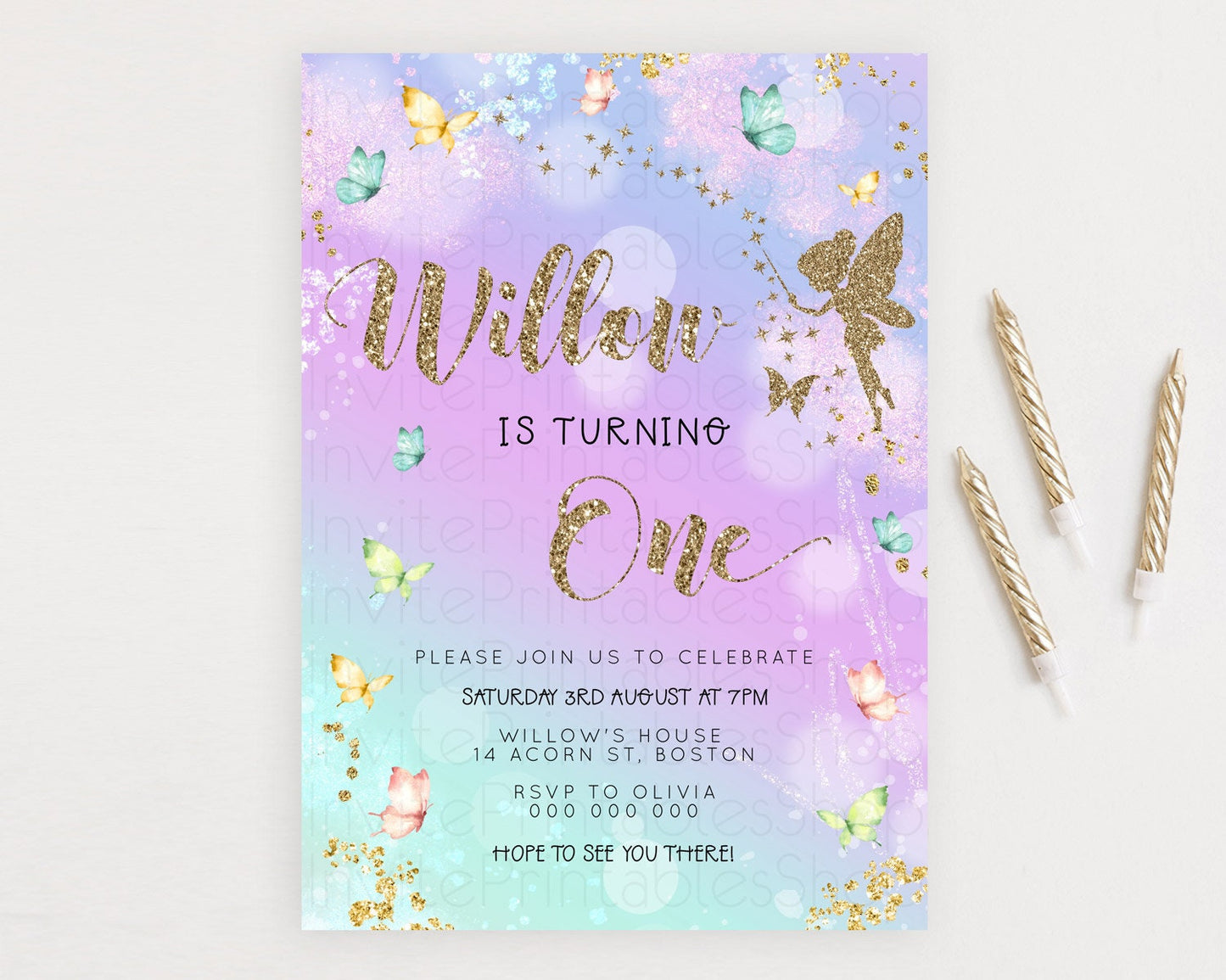 Pastel Fairy Birthday Invitation Pastel Butterflies Fairy Birthday Invitation Rainbow Ombre Watercolor 1st 2nd Birthday Invitation D23163