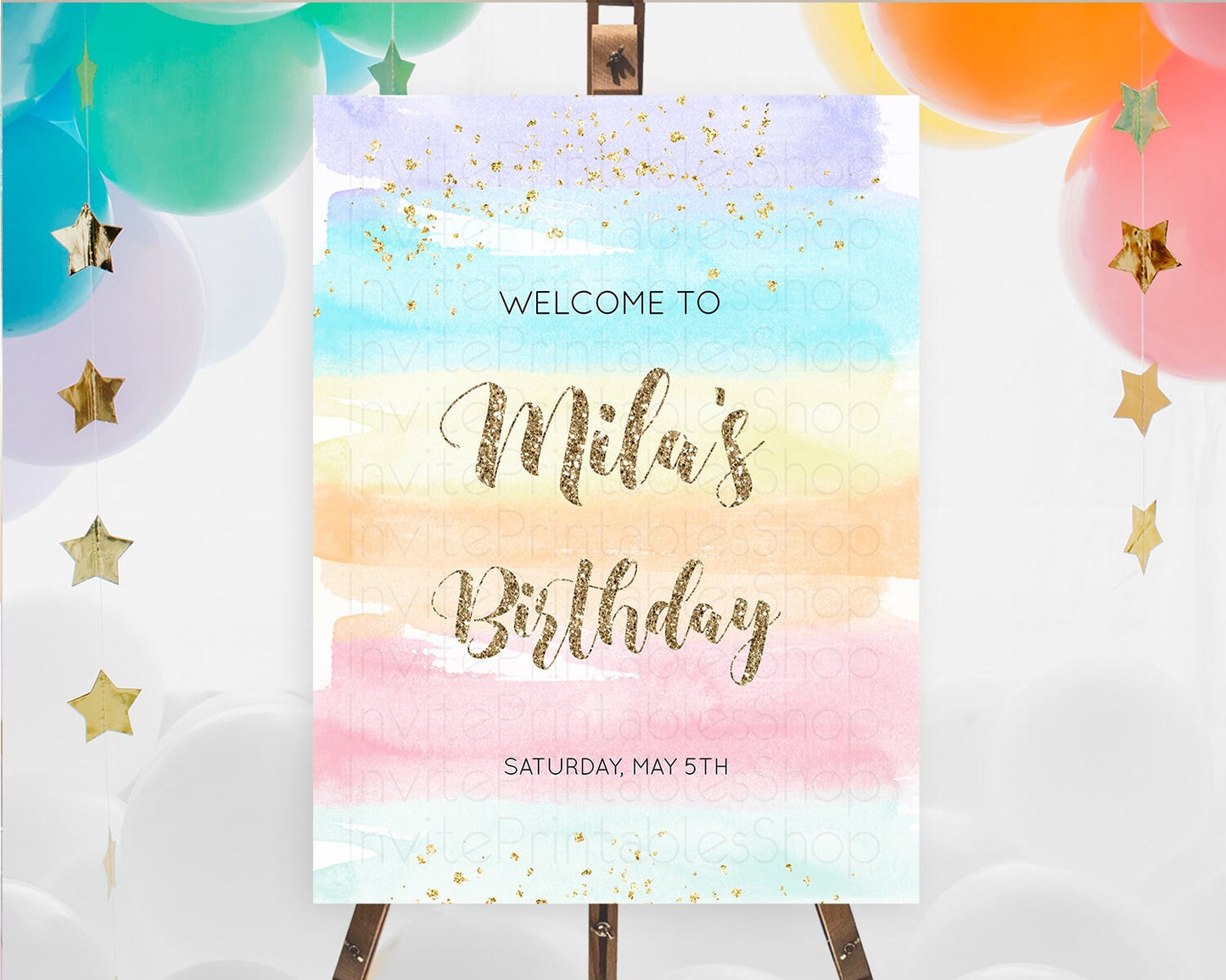 Pastel Welcome Sign Pastel Rainbow Welcome Sign Colorful Rainbow Confetti Watercolor Glitter Pastel First Birthday Welcome Sign D10508