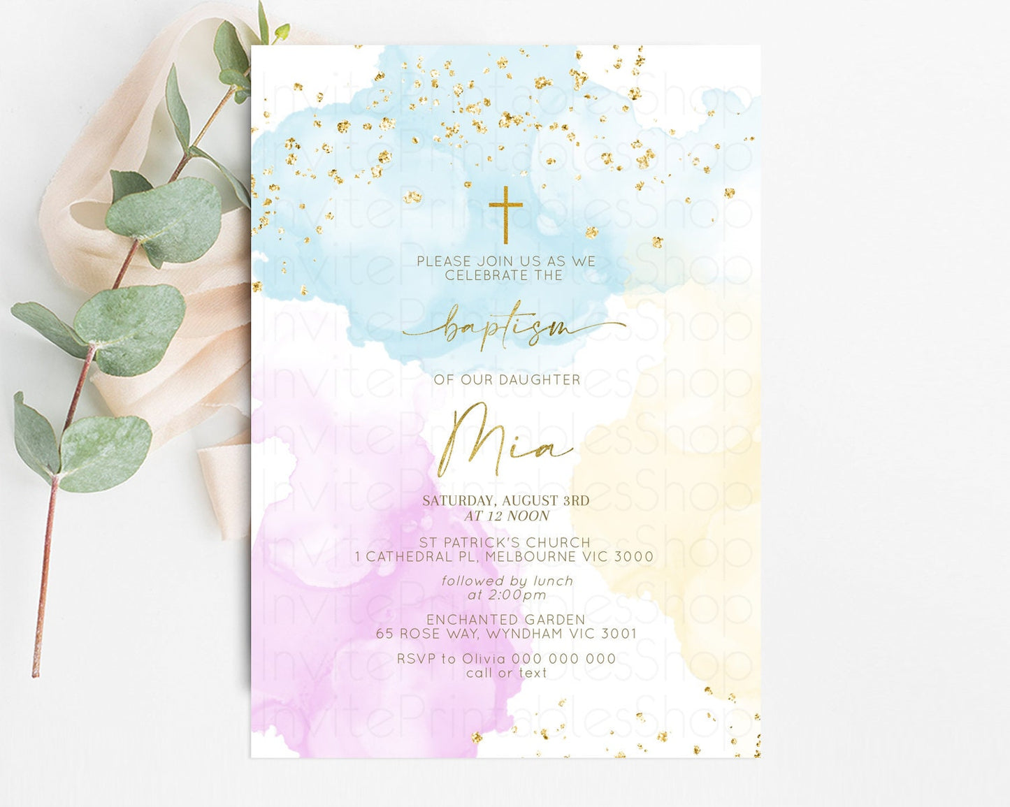 Rainbow Baptism invitation Pastel Rainbow Christening Invite Ombre Watercolor Invite Gold Glitter Sprinkle Splash Cross Religious 190V2