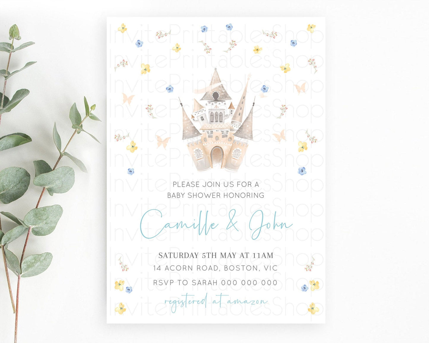 Enchanted Castle Baby Shower Invitation: Secret Garden, Blue Yellow Flowers, Floral Garden, Royal Baby, Prince and Princess Theme D10365