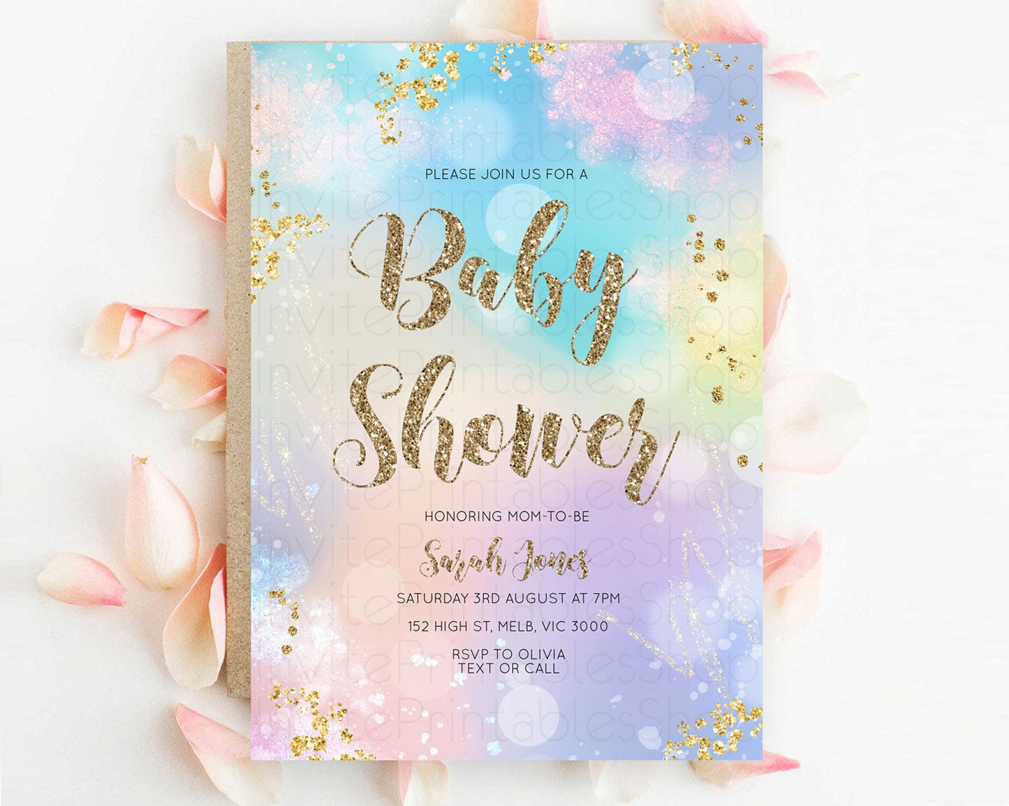 Pastel Rainbow Baby Shower Invitation, Pastel Watercolor with Iridescent & Gold Glitter Sprinkles - Colorful Blue, Purple, Yellow D10677