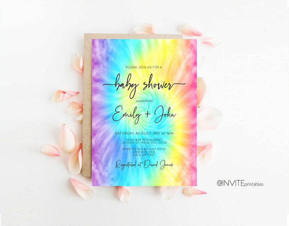 Rainbow Baby Shower Invitation Pastel Baby Shower Invite Rainbow Ombre Invite Colorful Watercolor Baby Shower Invite Tie Dye Invite D10578