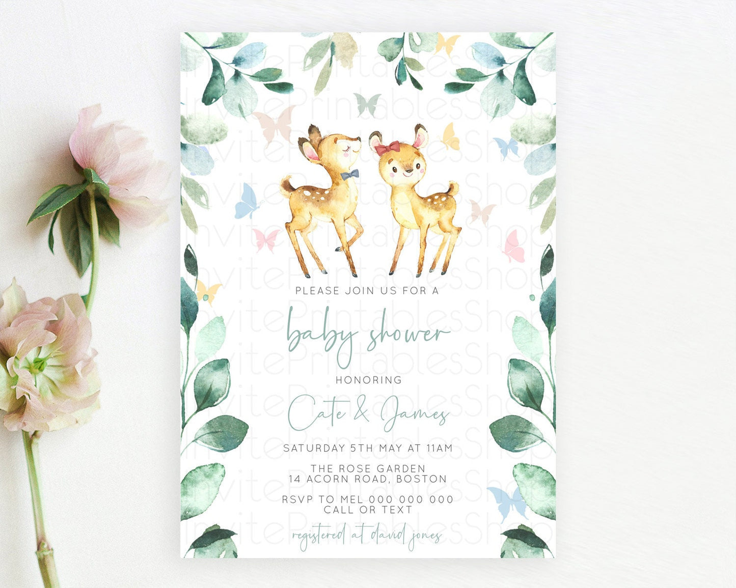 Fawn Baby Shower Invitation, Forest Deer, Butterfly, Pastel Flowers, Whimsical Theme, Rustic Greenery Woodland, Organic Pastel Colors D10767