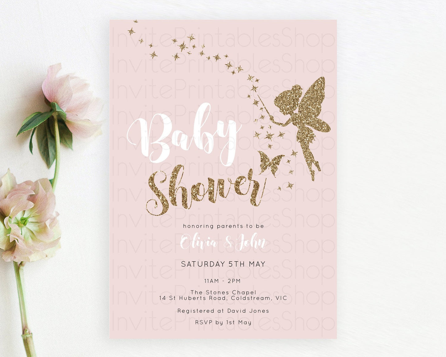 Fairy Baby Shower Invitation: Pastel Pink Tea Party, Secret Garden with Butterflies, Pixie - Enchanted Pink and Gold Glitter D10899