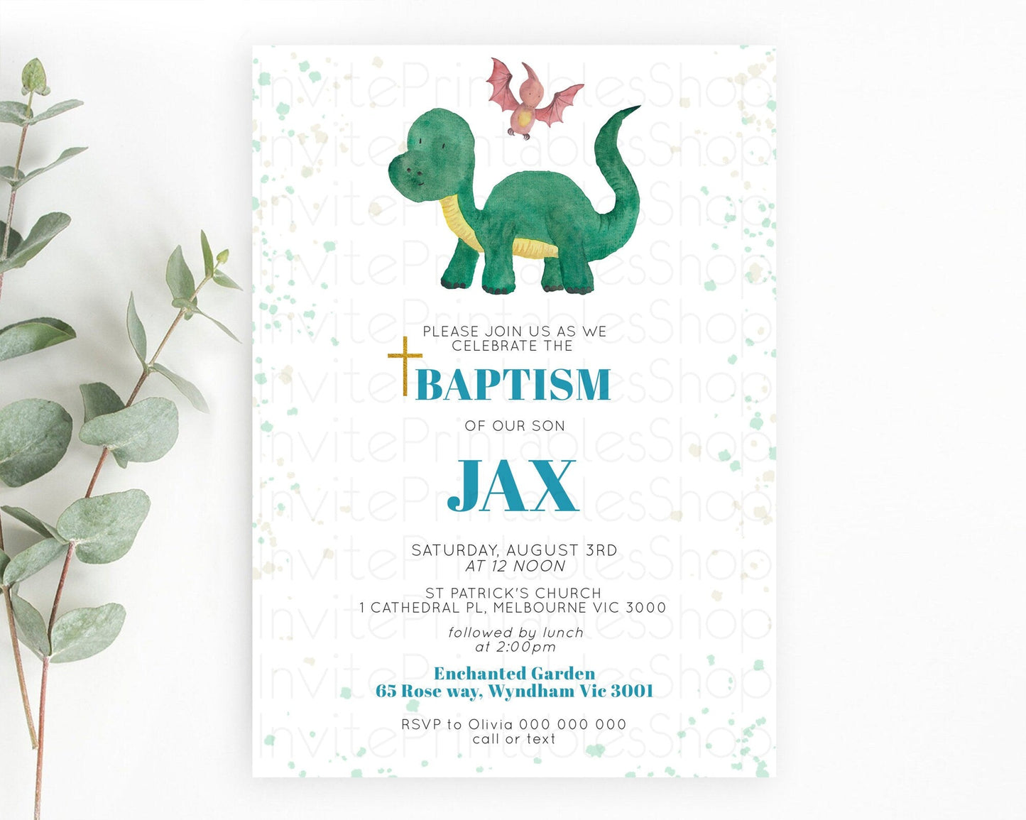 Dinosaur Baptism Invitation Dinosaur Volcano Baptism 1st Birthday Invitation Watercolor T-Rex Raptor Jurassic Christening Invitation D10153