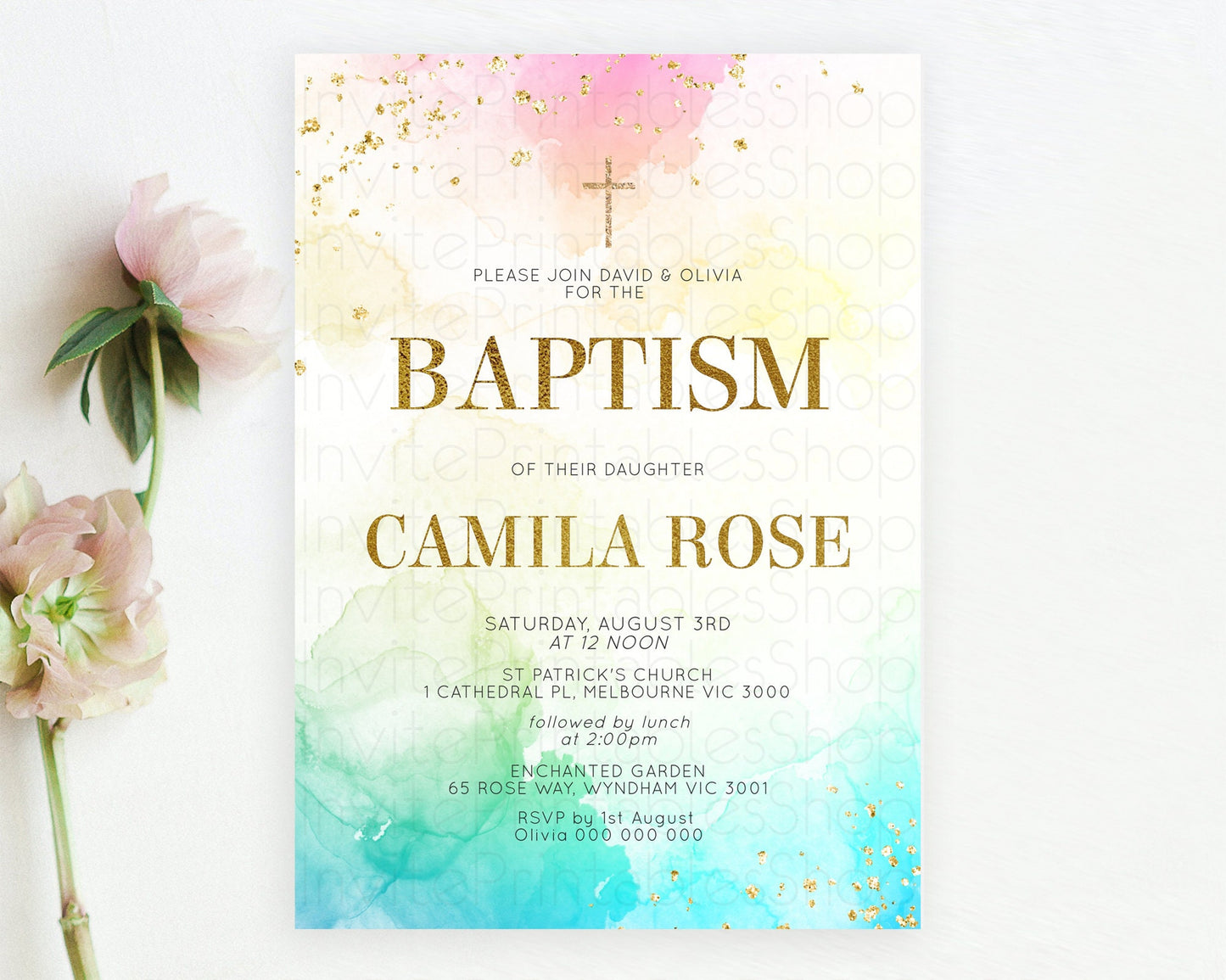 Pastel Baptism Invitation Pastel Colors Watercolor Baptism 1st Birthday Party Gold Ombre Pastel Rainbow Christening Holy Communion D10770