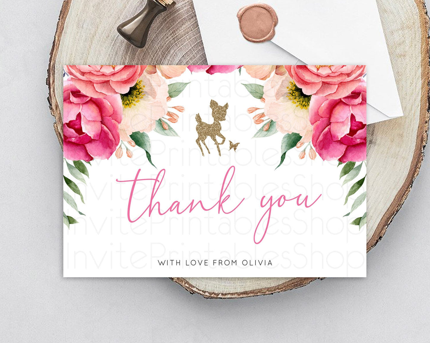 Fawn Thank You Deer Thank You Card Pastel Floral Deer Birthday Thank You Card Enchanted Forest Butterfly Deer Teacher Thank You Card D10326