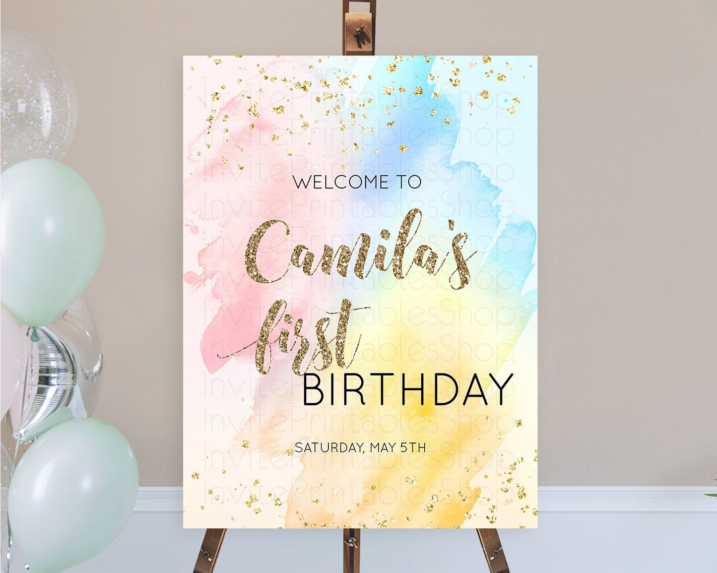 Pastel Welcome Sign Pastel Rainbow Welcome Sign Colorful Rainbow Confetti Watercolor Glitter Pastel First Birthday Welcome Sign D10556