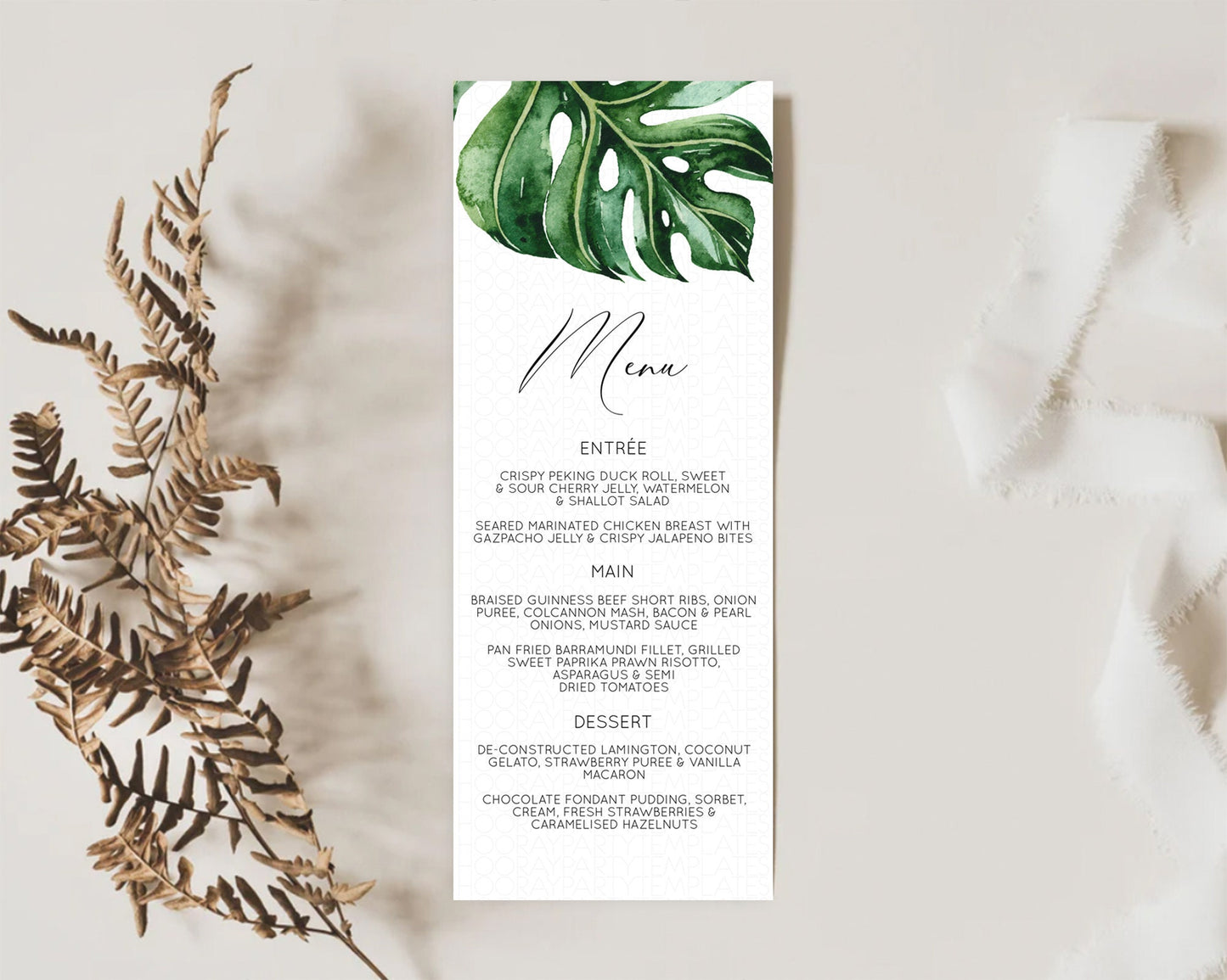 Tropical Menu Template Tropical Menu Palm Leaf Fern Table Decor Frangipani Floral White Orchid Dinner Dessert Menu Party Food Menu D11056