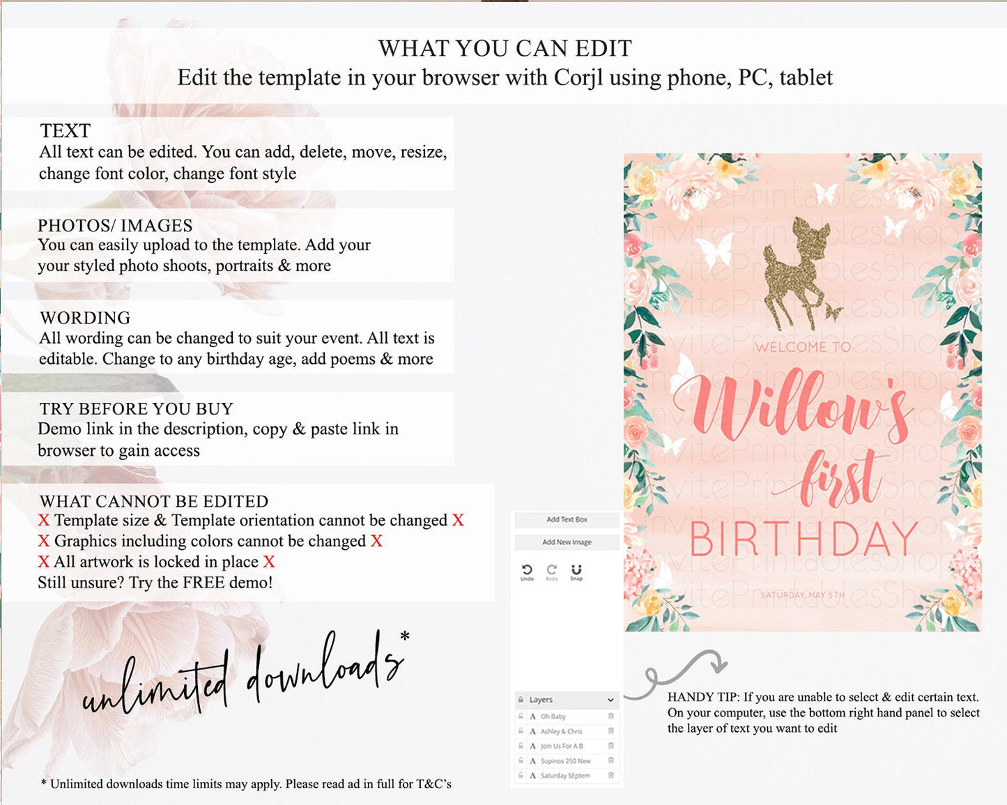 Fawn Welcome Sign Deer Welcome Board Floral Deer Welcome Poster Enchanted Forest Butterfly Pastel Floral First Birthday Welcome Sign D10873