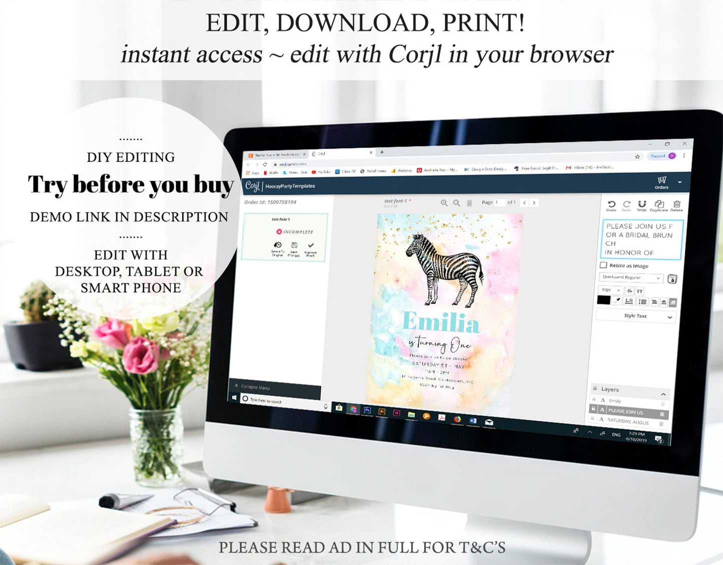 Pastel Zebra Birthday Invitation Pastel Zebra Invite Rainbow Zebra Invitation Colorful Watercolor Invite Safari Zoo Glitter Invite W282